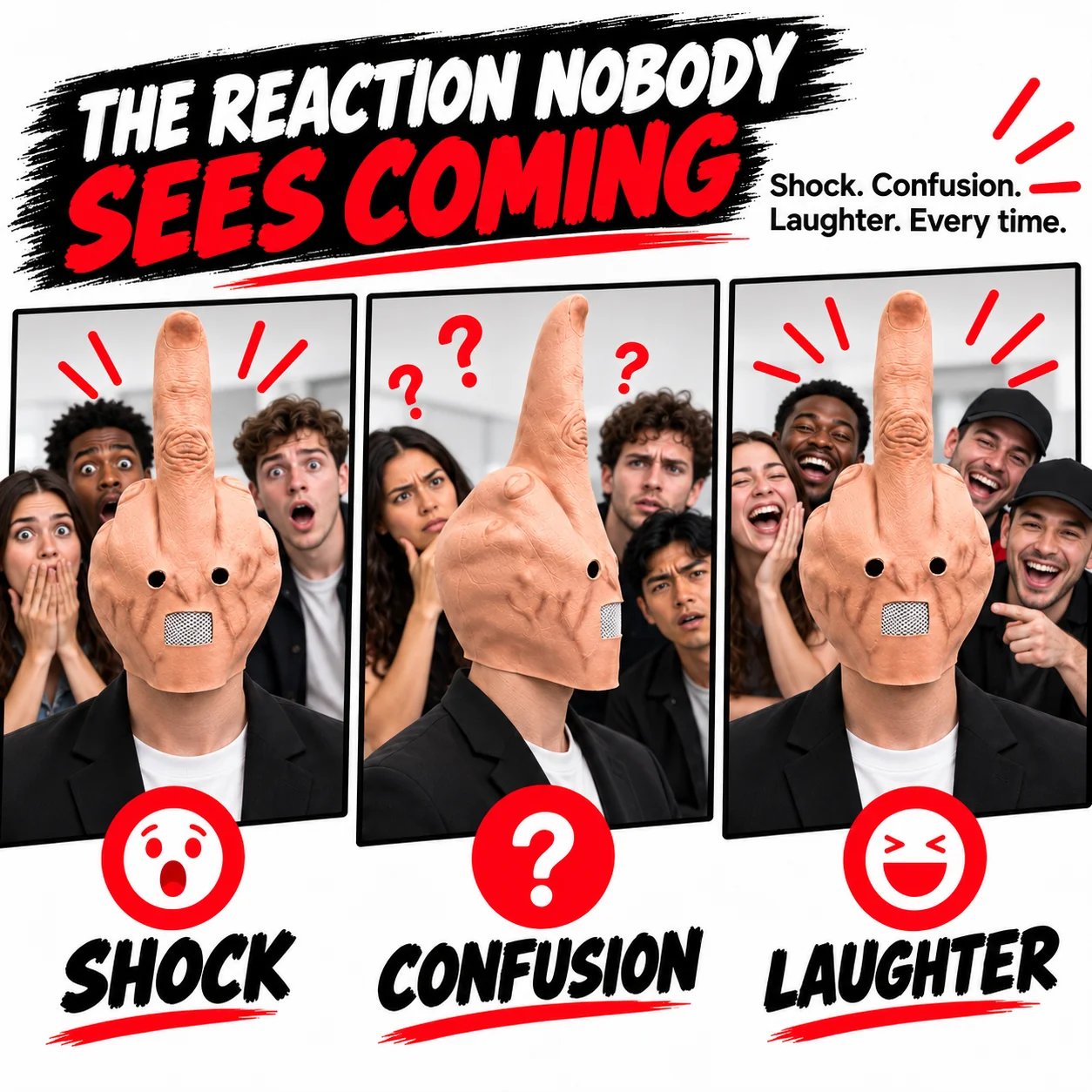 Shock confusion laughter reactions to prank mask