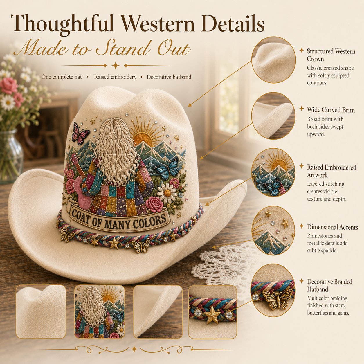 Coat of Many Colors cowboy hat construction and dimensional detail close-ups