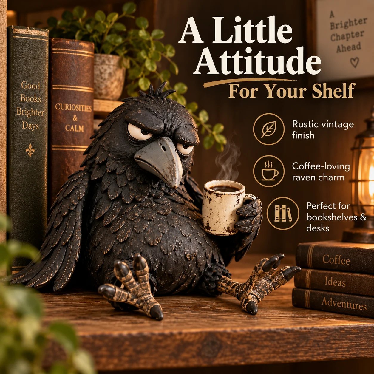Rustic raven coffee figurine displayed on a desk