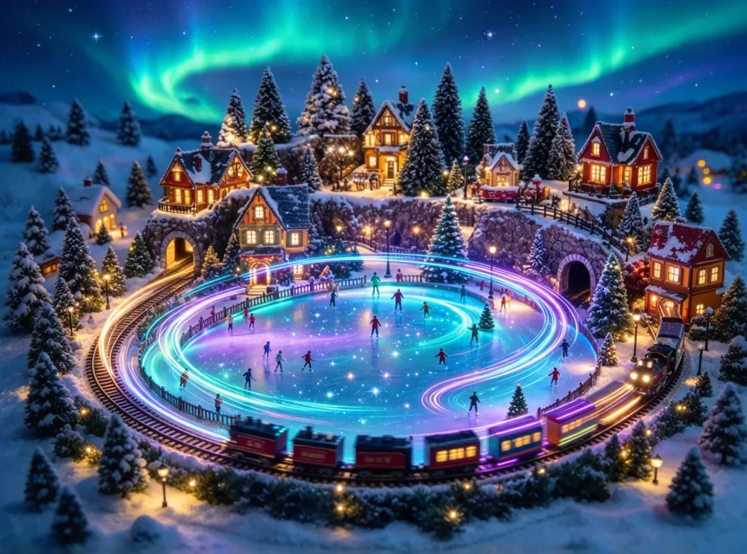 Animated holiday train scene styled as a tabletop Christmas display