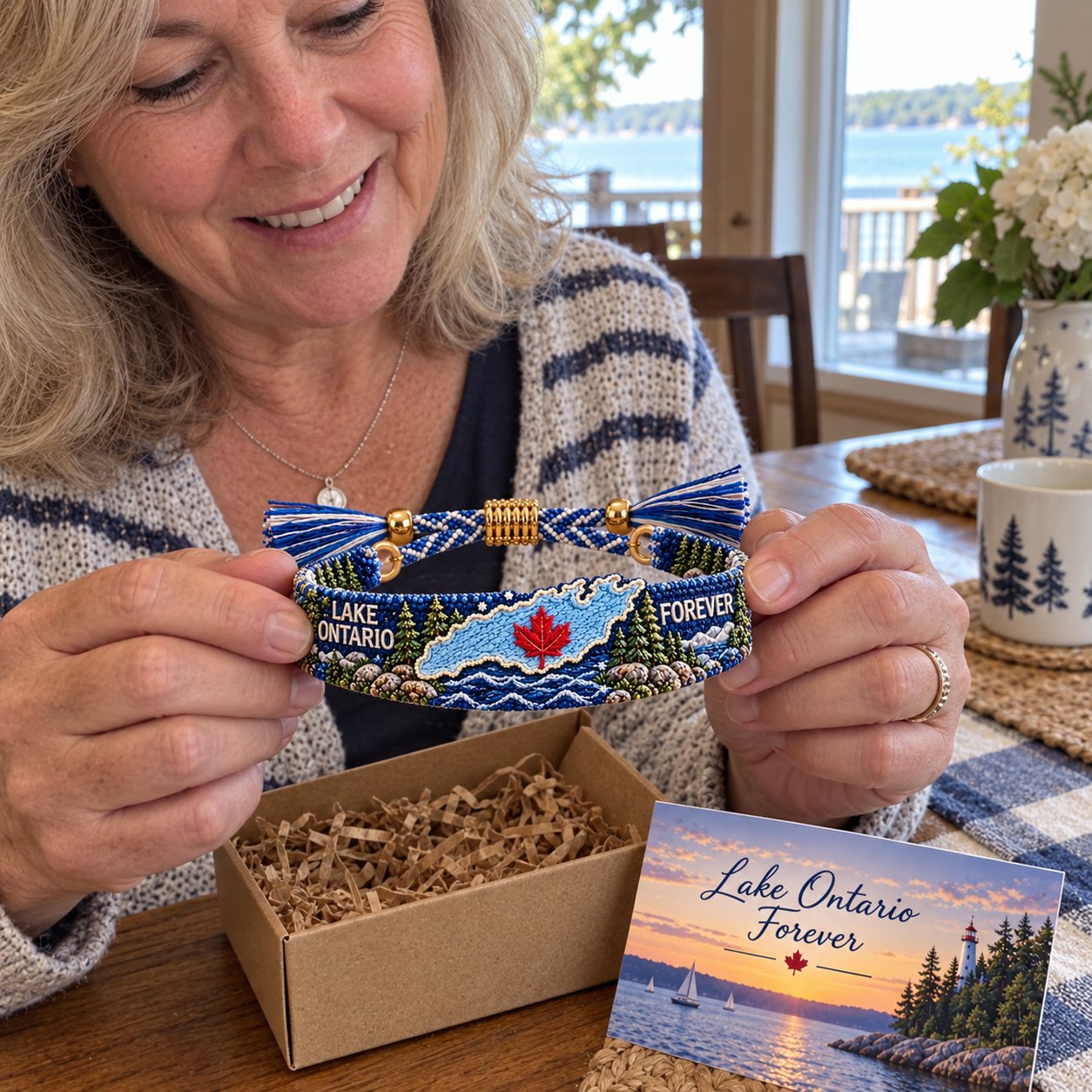 Customer opening her Lake Ontario Forever bracelet gift box