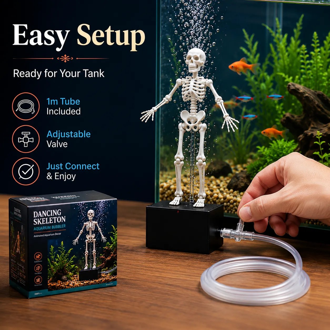 Skeleton aquarium decor in various tank styles