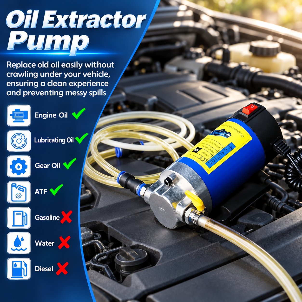 Electric oil extractor pump with hoses positioned at a vehicle engine bay