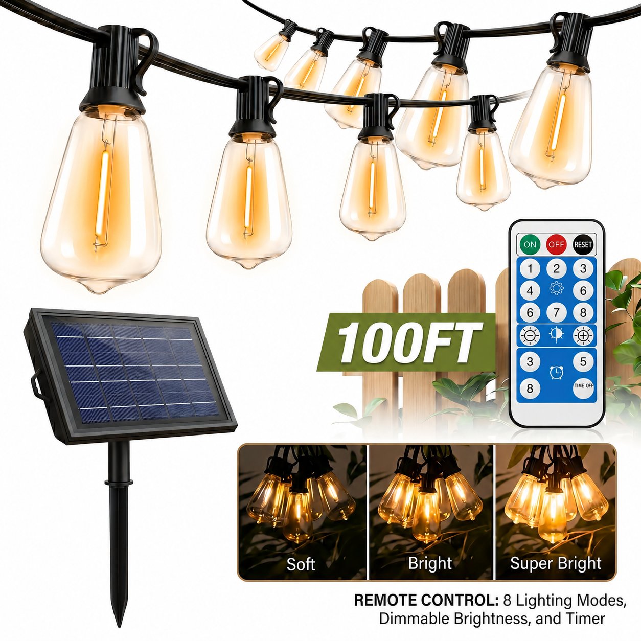 100FT solar patio string lights with remote control brightness adjustment and timer