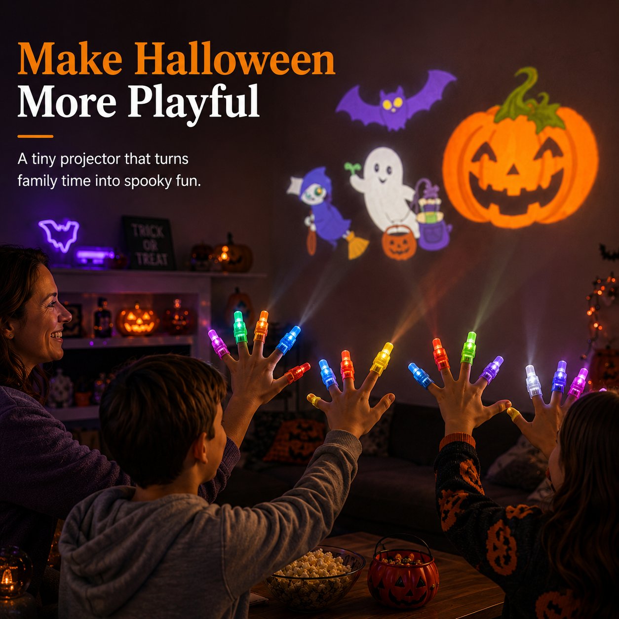 Family using colorful finger projectors together during a Halloween evening at home Family using colorful finger projectors together during a Halloween evening at home