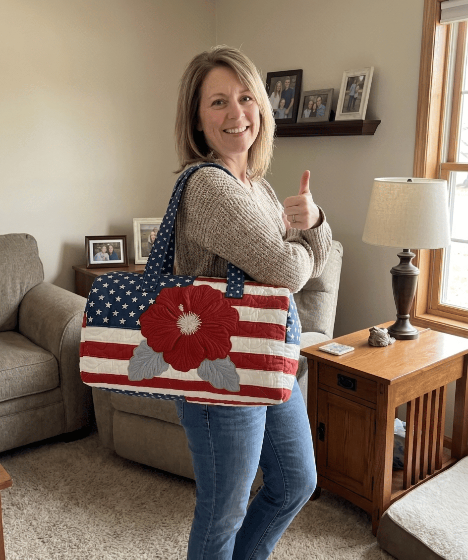 Open quilted tote bag showing spacious red interior and handles