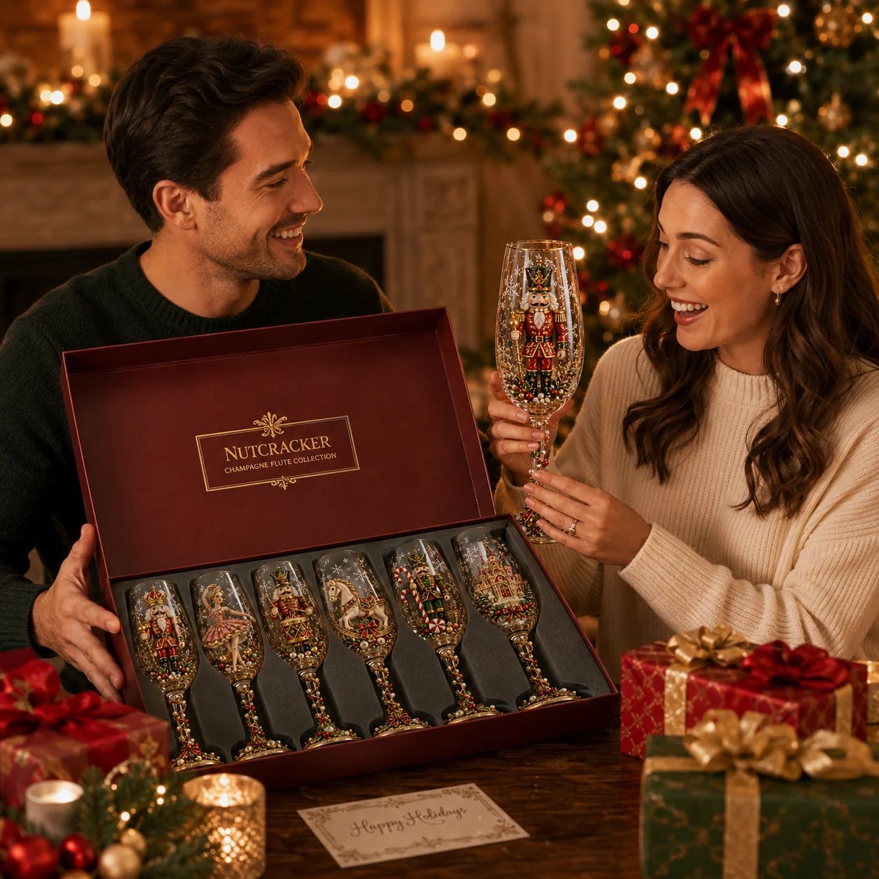 Woman receiving Christmas collector champagne glass gift set