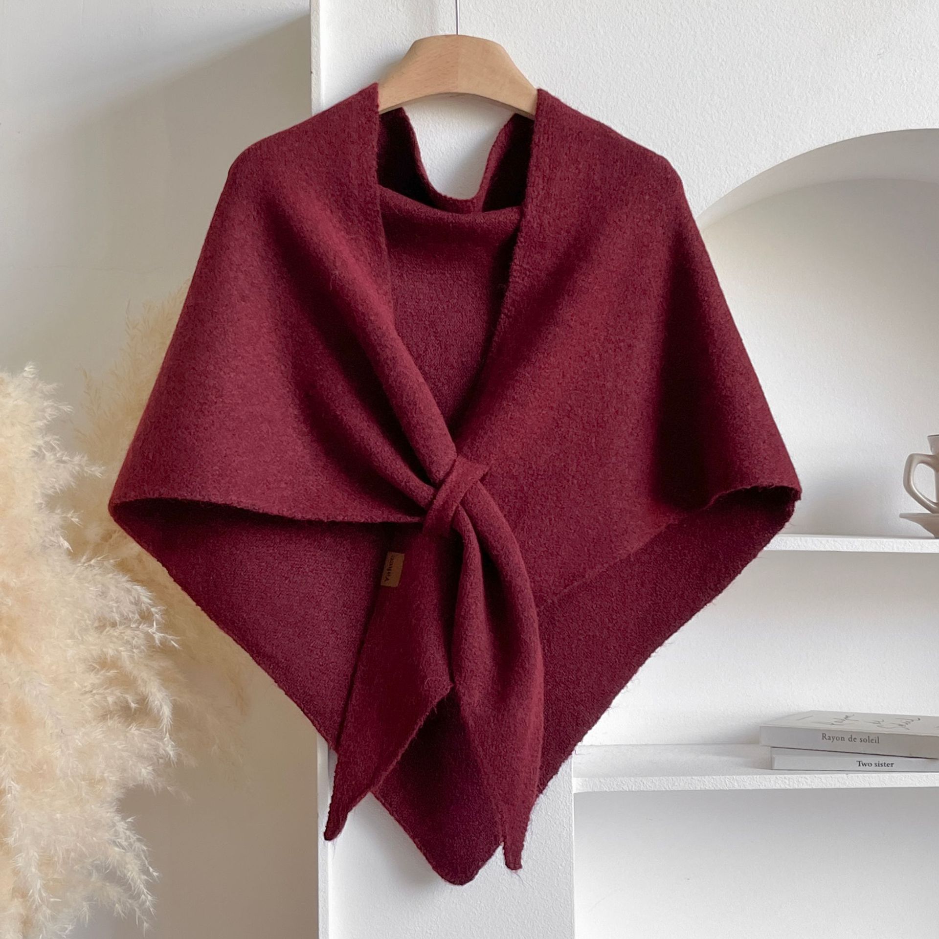 Burgundy knit shawl with a front tie