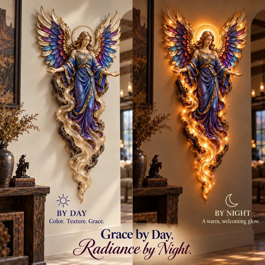 Gabriel displayed unlit by day and illuminated at night