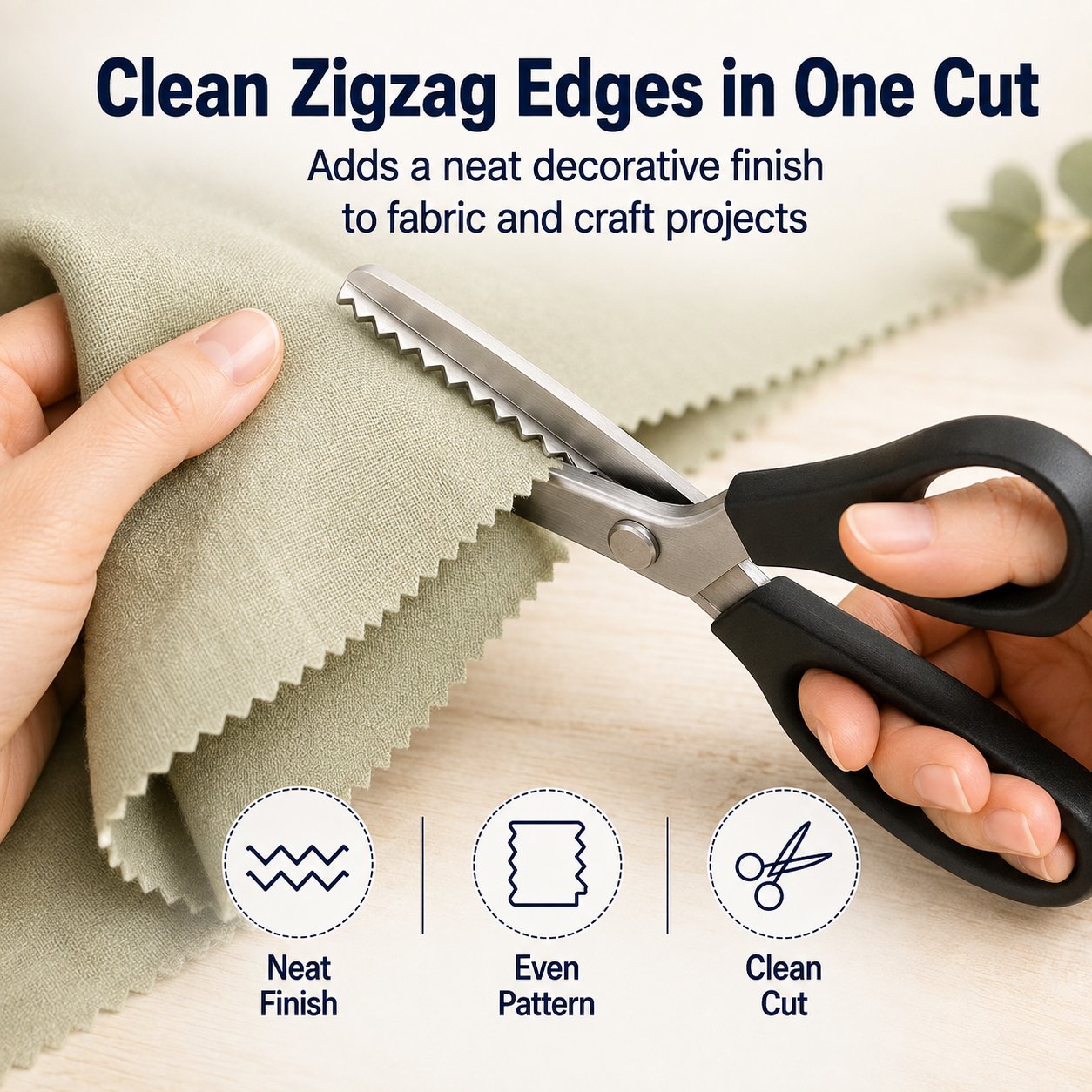 Pinking shears creating a clean even zigzag edge in fabric