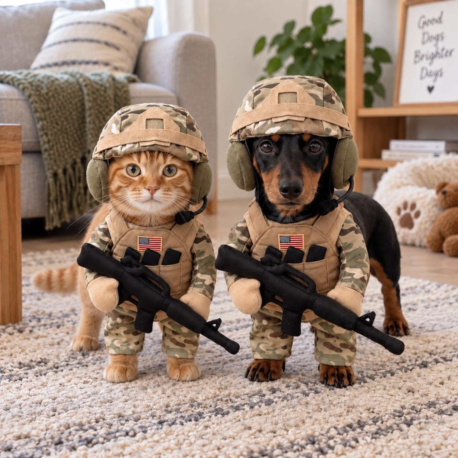 Pets wearing matching camouflage soldier costumes at home