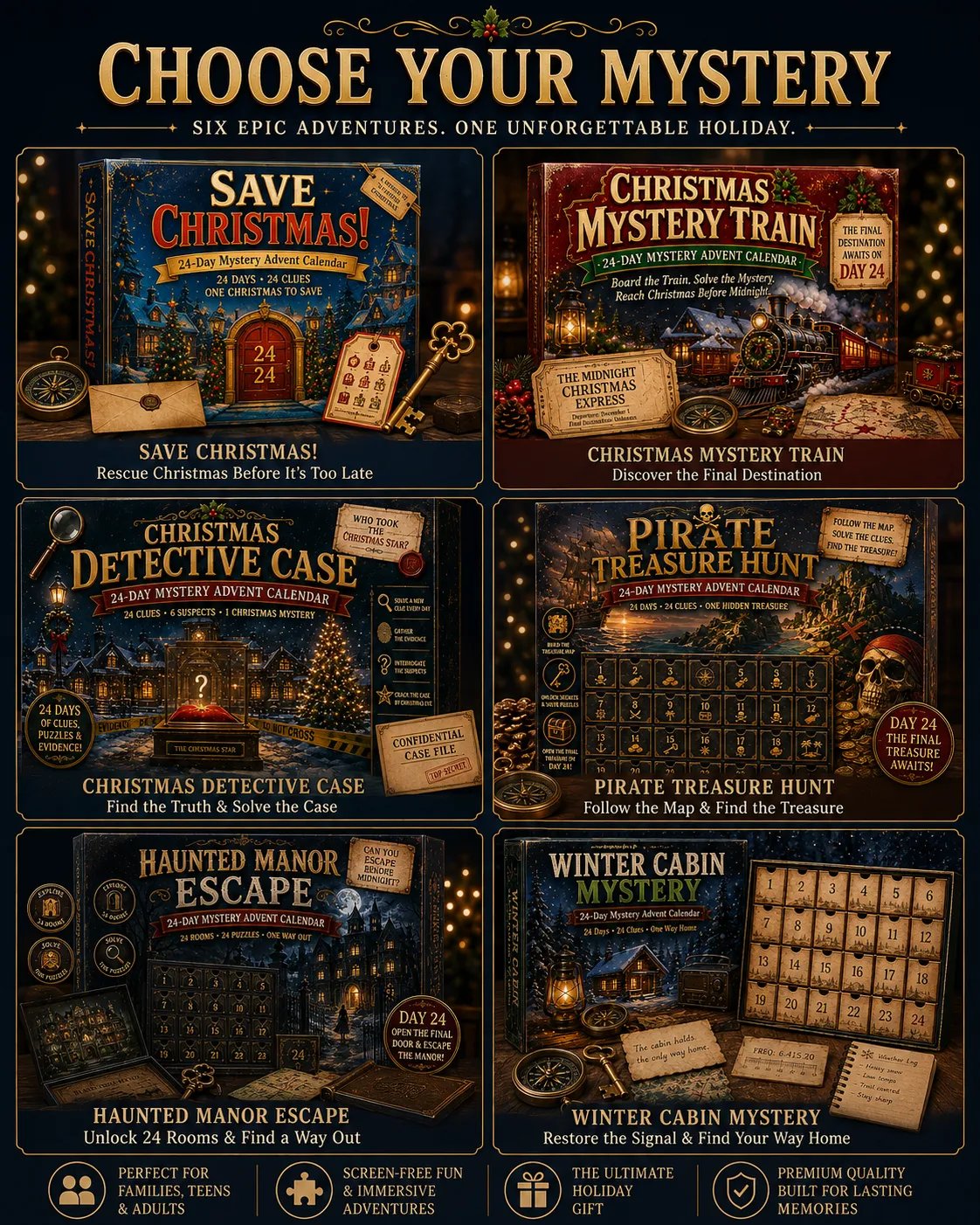 Six mystery calendar themes and their adventures