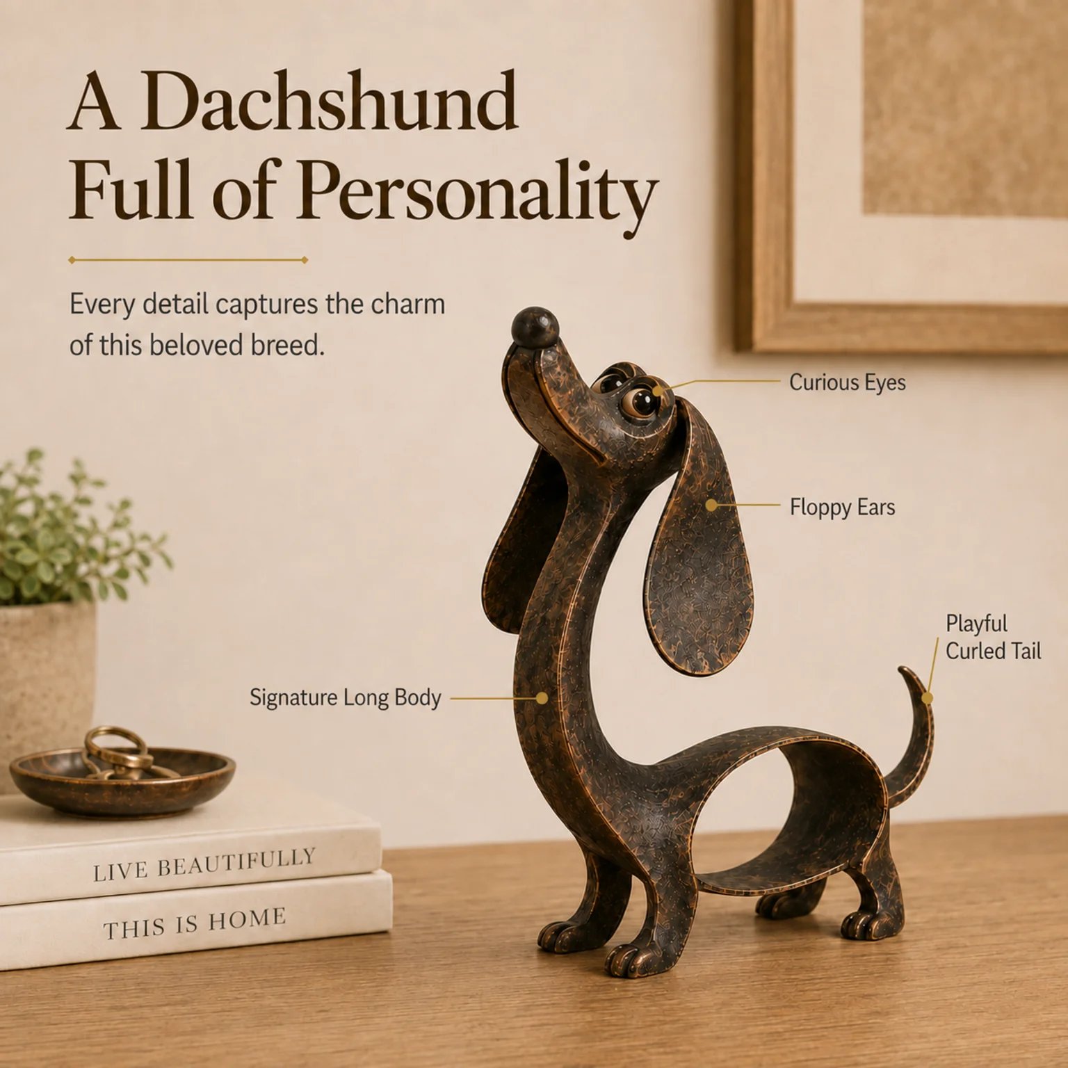 Antique bronze dachshund sculpture detail