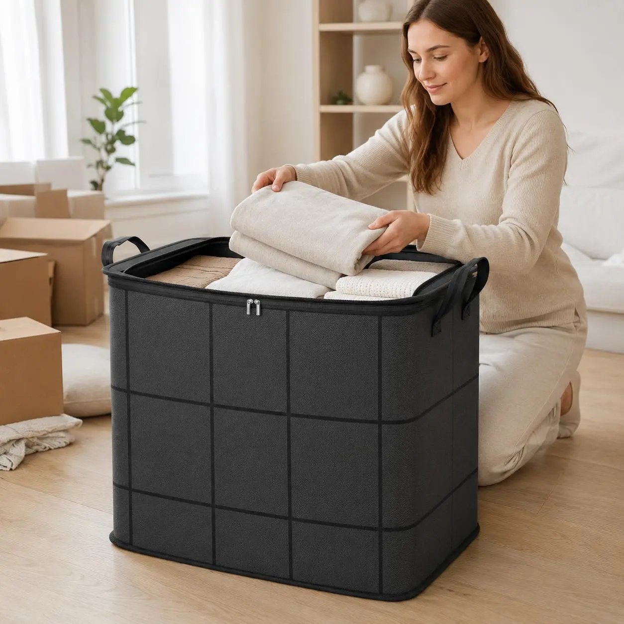 Woman organizing folded blankets in a large black storage bin