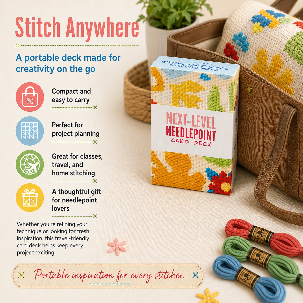 Contents of the Next-Level Needlepoint Card Deck and instruction booklet