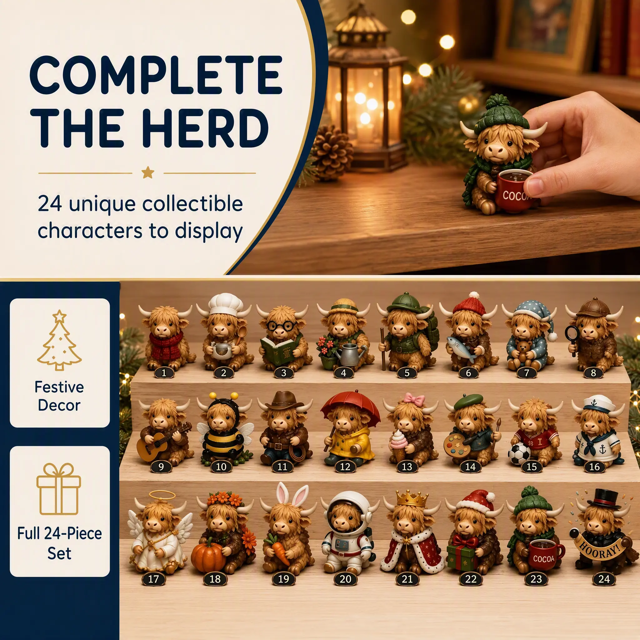 24 detailed Highland Cow Christmas figurines