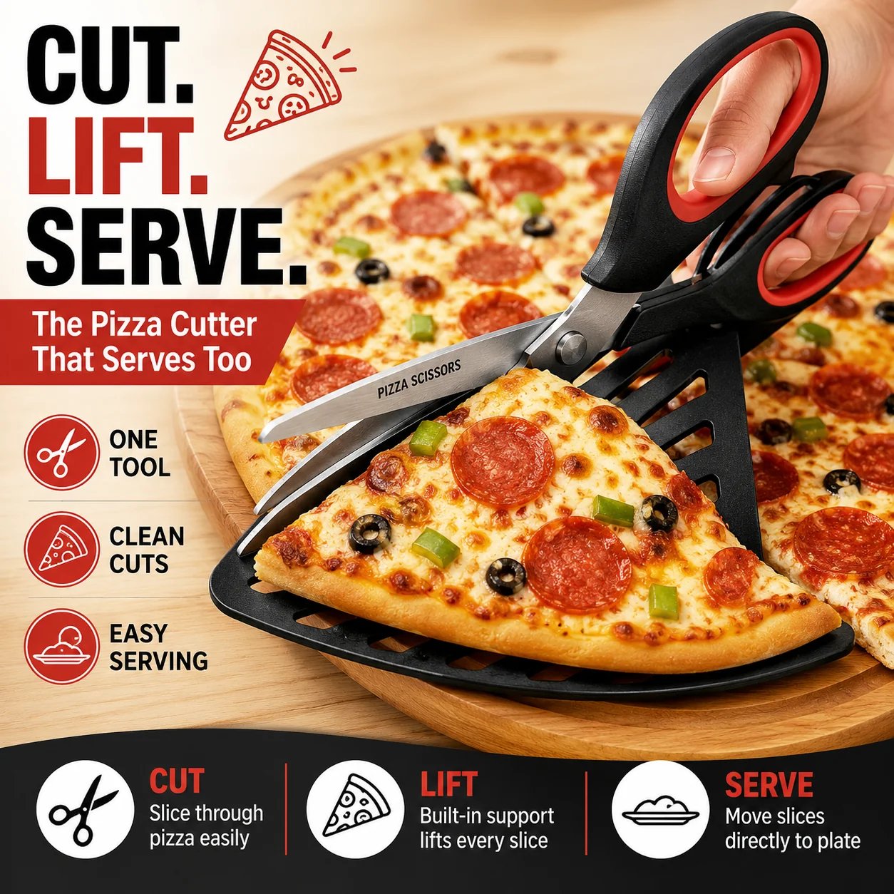 Pizza scissors cutting and lifting a pizza slice