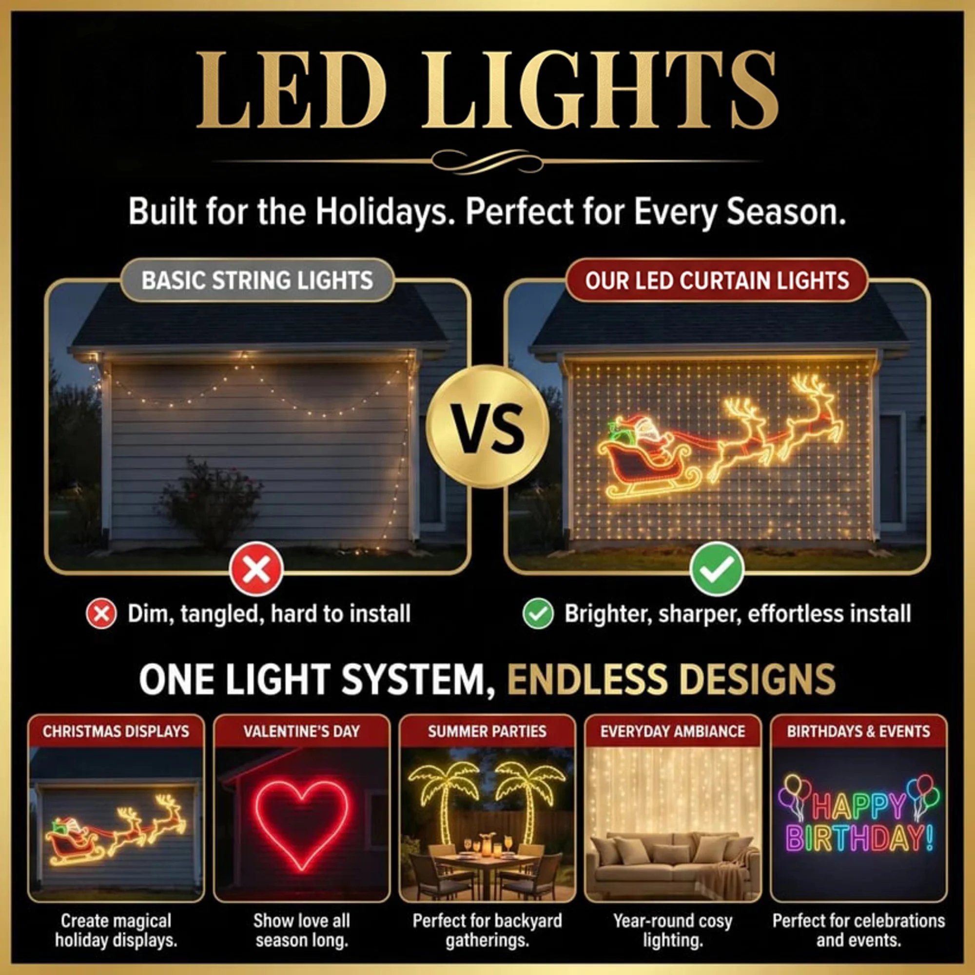 LED curtain display ideas for Christmas, Valentineโs Day, summer parties, everyday ambiance and birthdays