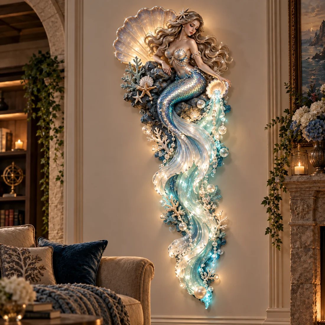 Mermaid Pearl lighted wall decor in a living room
