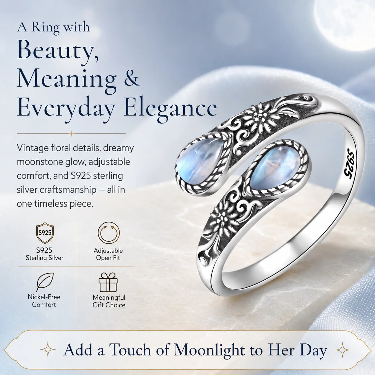 Moonstone Bloom Ring lifestyle wear elegant everyday look