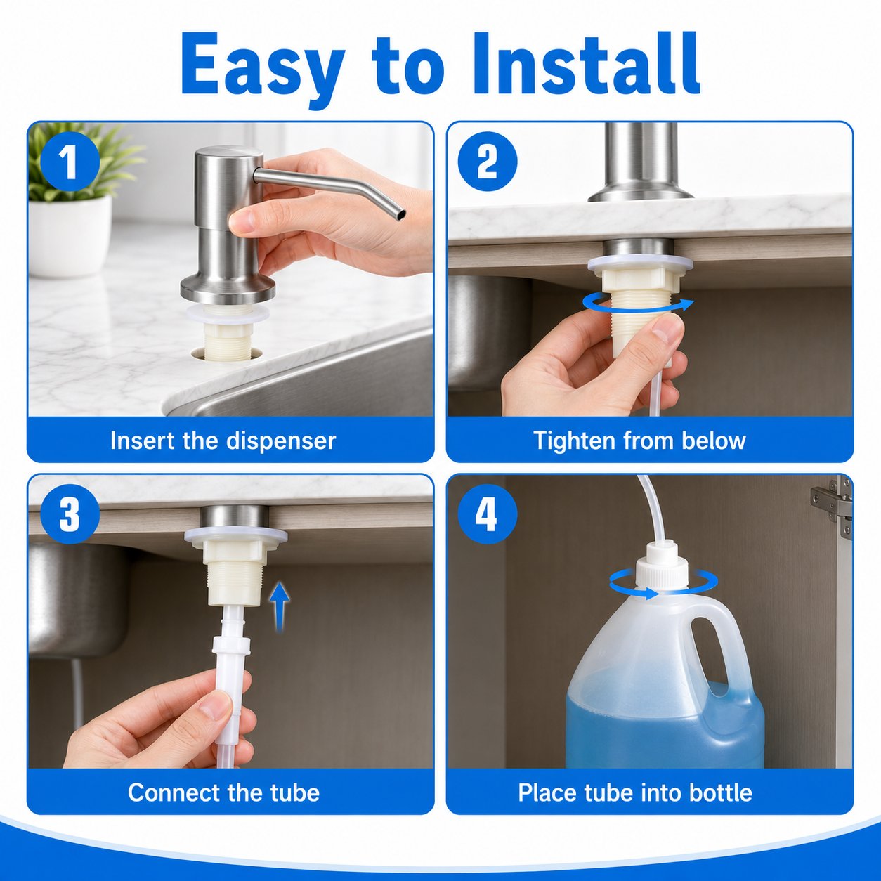 Clean kitchen countertop with built-in dispenser and no extra soap bottles