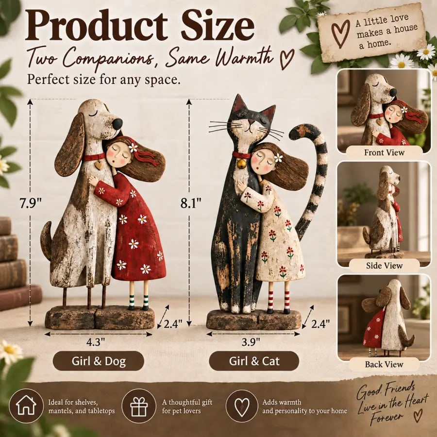 Dimensions for the girl and dog and girl and cat figurines