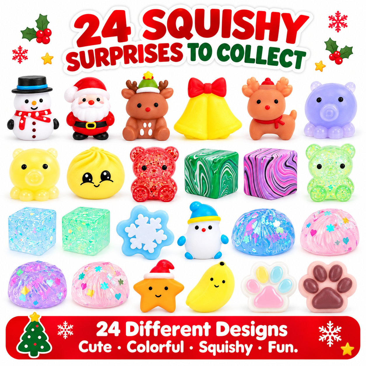Assorted Christmas squishy toys included in the calendar