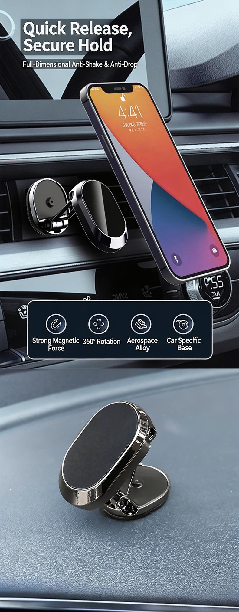 Foldable Metal Magnetic Car Phone Holder - 360° Rotating, Adjustable Angle & Height Dashboard Mount, Strong Magnetic Hold, Compact Universal Hands-Free Phone Stand for Cars
