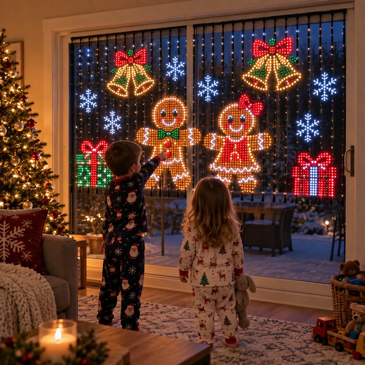 Children looking at a gingerbread LED scene across a glass door