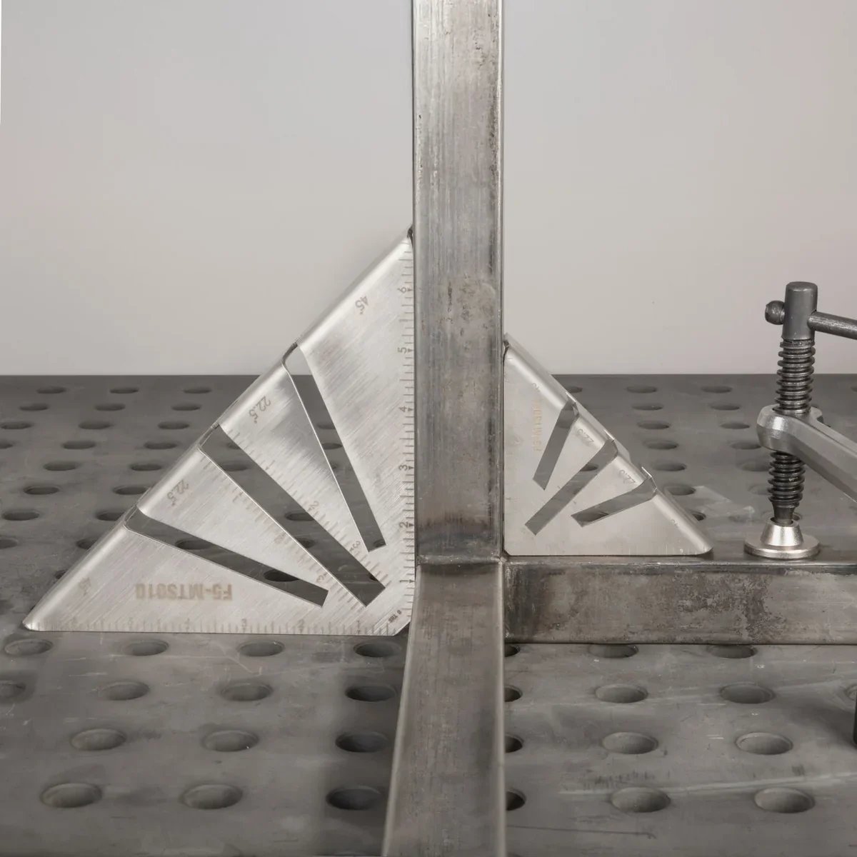 Stainless steel metalworking miter square with laser-engraved scale markings