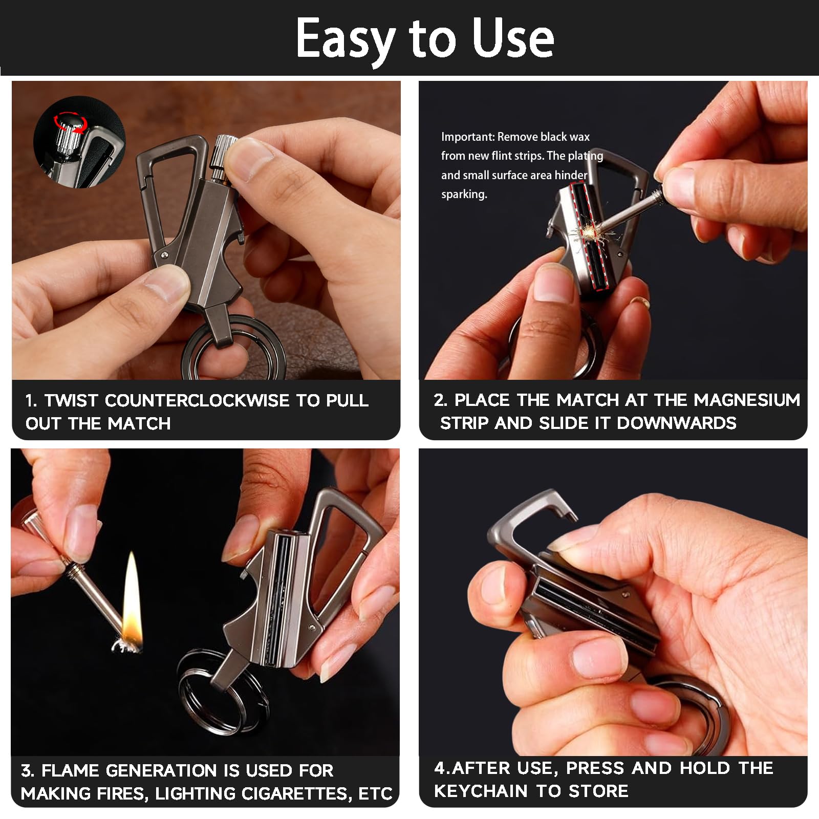 Four-step guide showing how to use and store a refillable permanent match fire starter