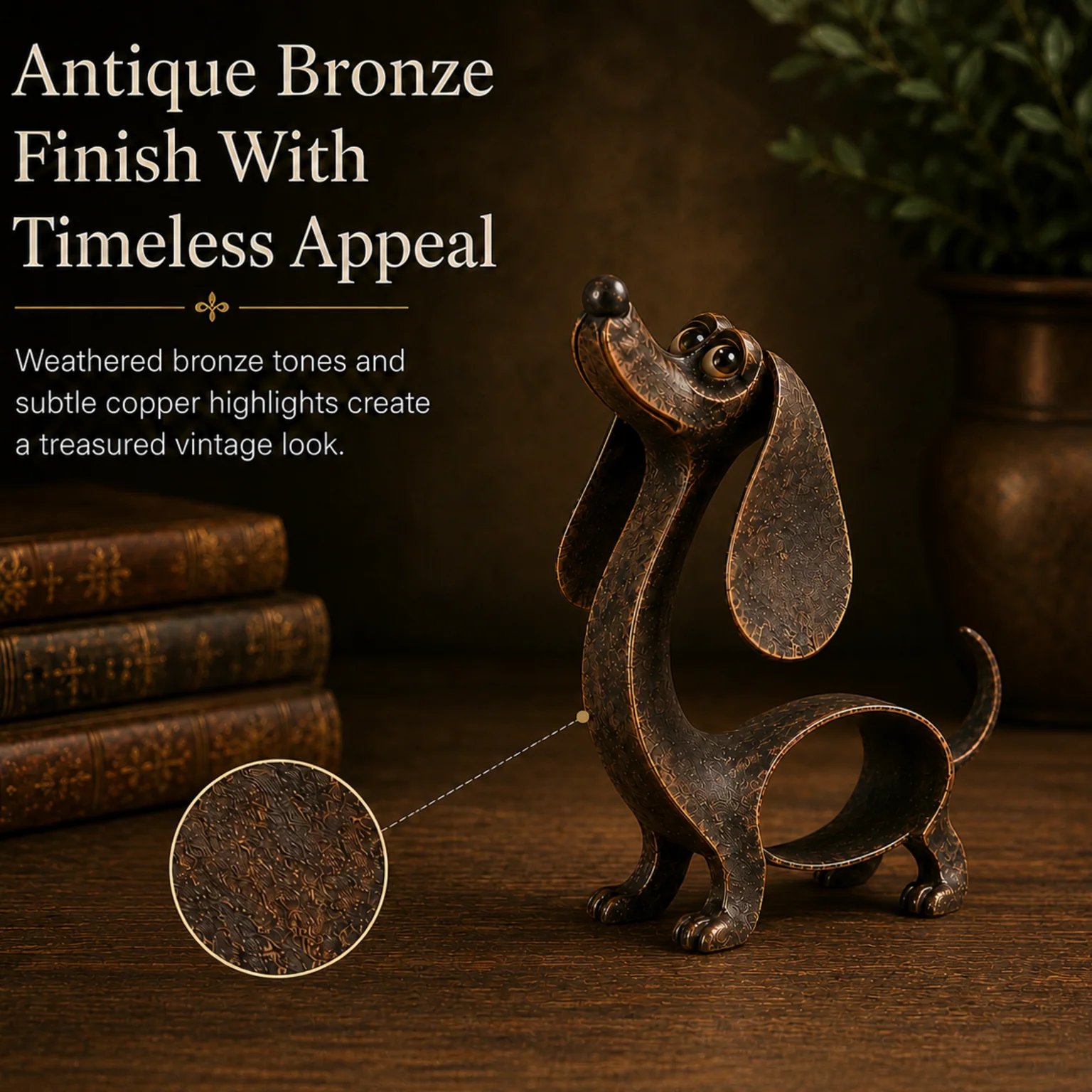 Vintage bronze dachshund sculpture finish