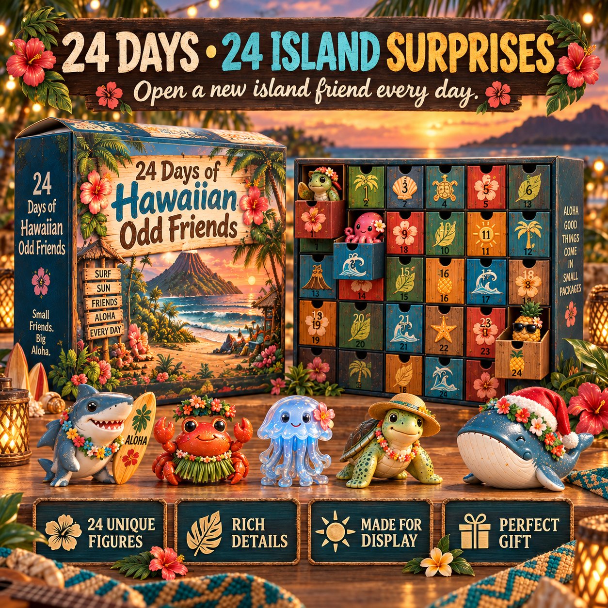 24 numbered drawers and 24 island surprises in the Hawaiian Odd Friends calendar