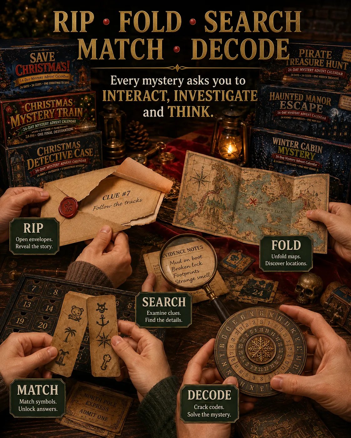 Hands-on searching, folding, matching and decoding mystery pieces
