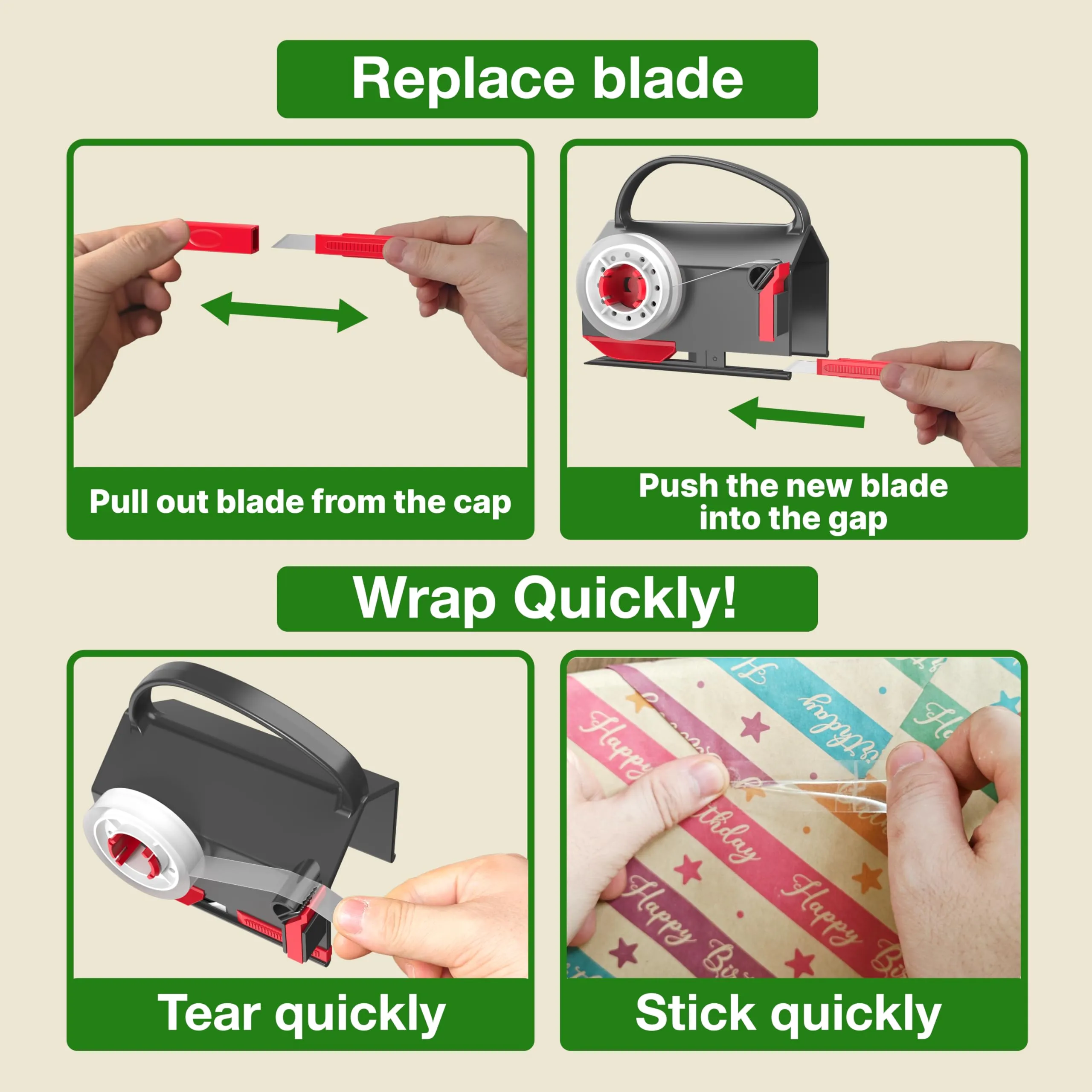 DHG 2-Pack Dual-Use Wrapping Paper Cutter & Tape Dispenser Kit, Sliding Roll Slicer Holder with 4 Tape Rolls & 2 Spare Blades, Multifunctional Stationery Cutting Supplies for Home Office, Handles Cellophane Neatly, Fits Kraft Paper, Holiday