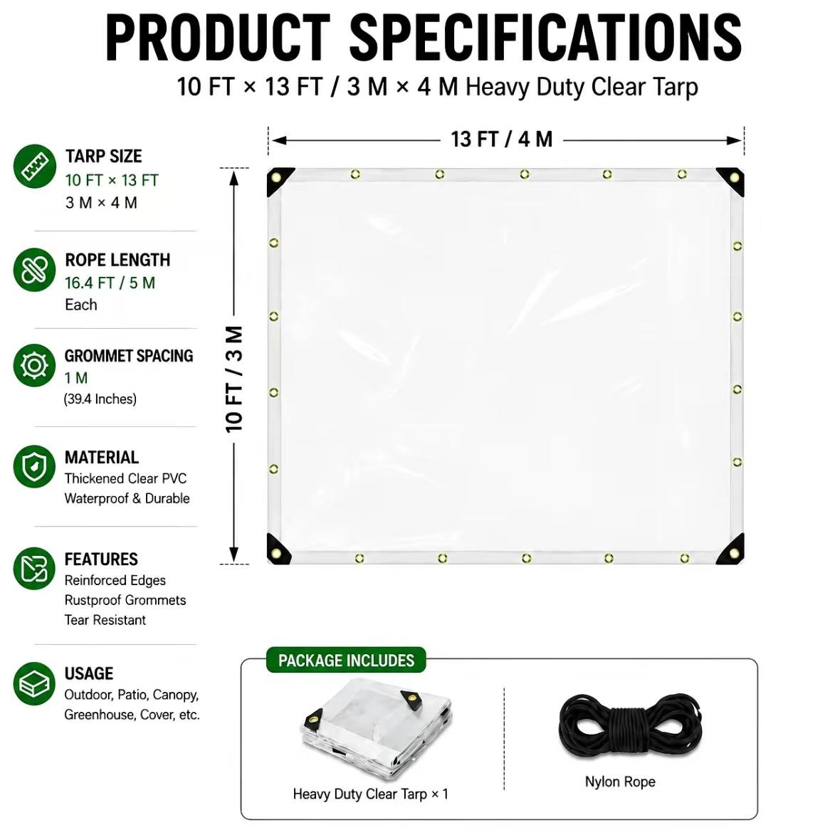 10x13FT Rainproof Polyethylene Tarps with Grommets, Transparent Outdoor Cover PE Tarps for Plant Piles, Patio Furniture, Home Supplies Rain Cloths