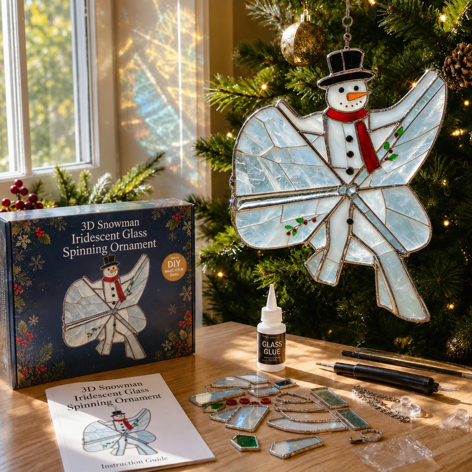 Snowman iridescent glass spinning ornament kit