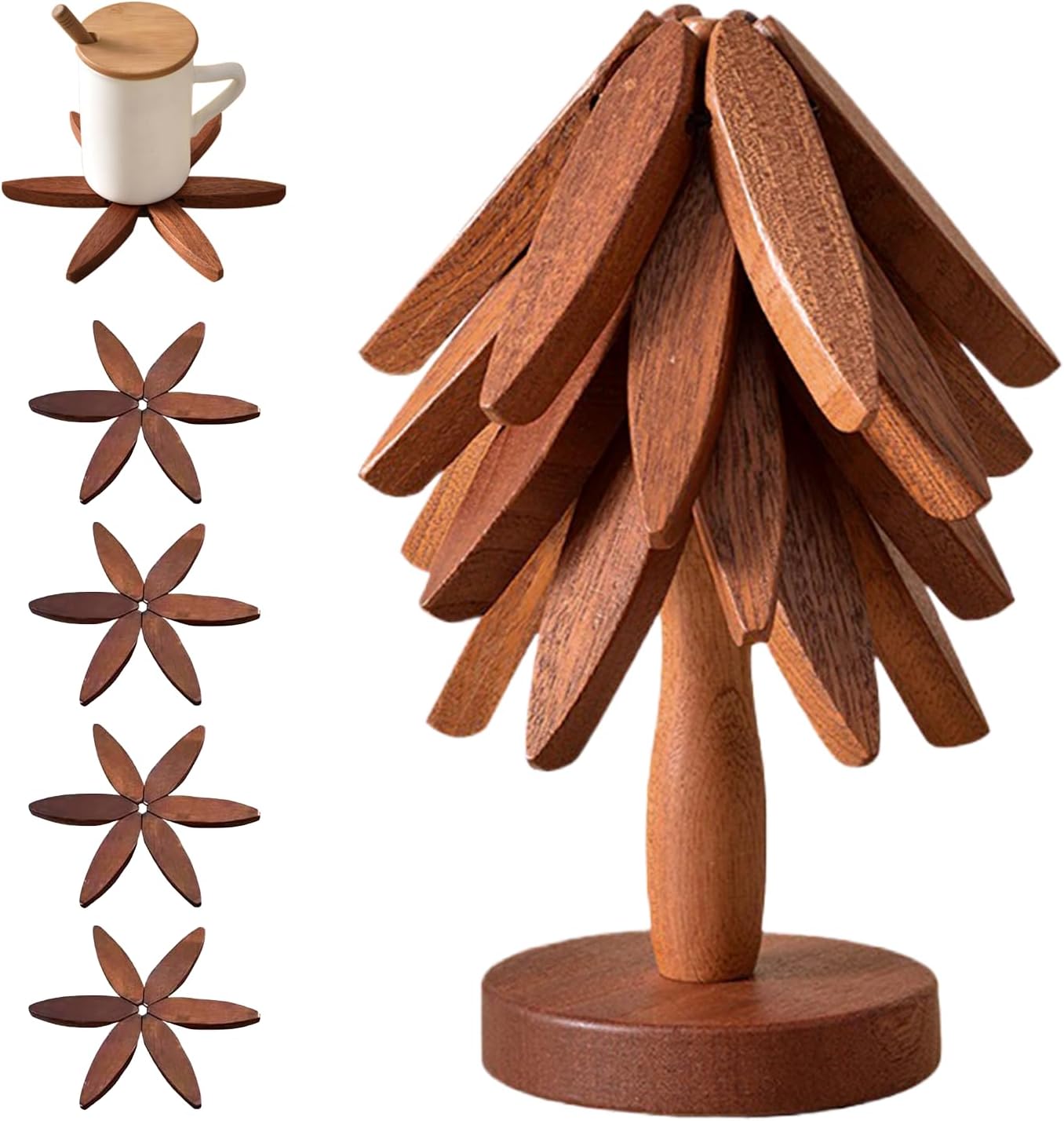 ✨Natural Tree Trivet Set - 4 bamboo Trivets & 1 Stand,Like a Christmas Tree🎄