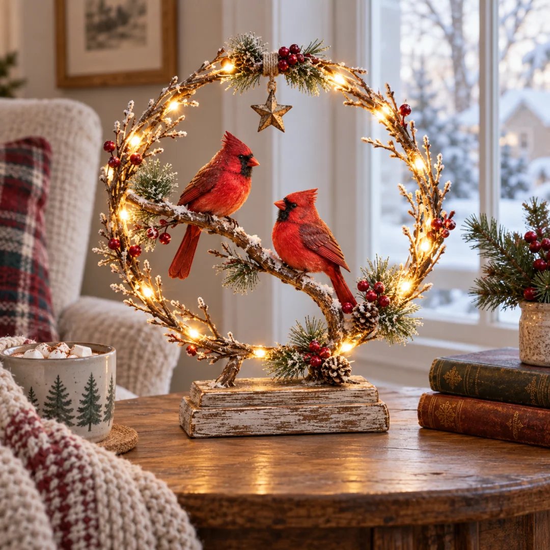 Lighted cardinal tabletop decoration beside a mug and books in a winter sitting area