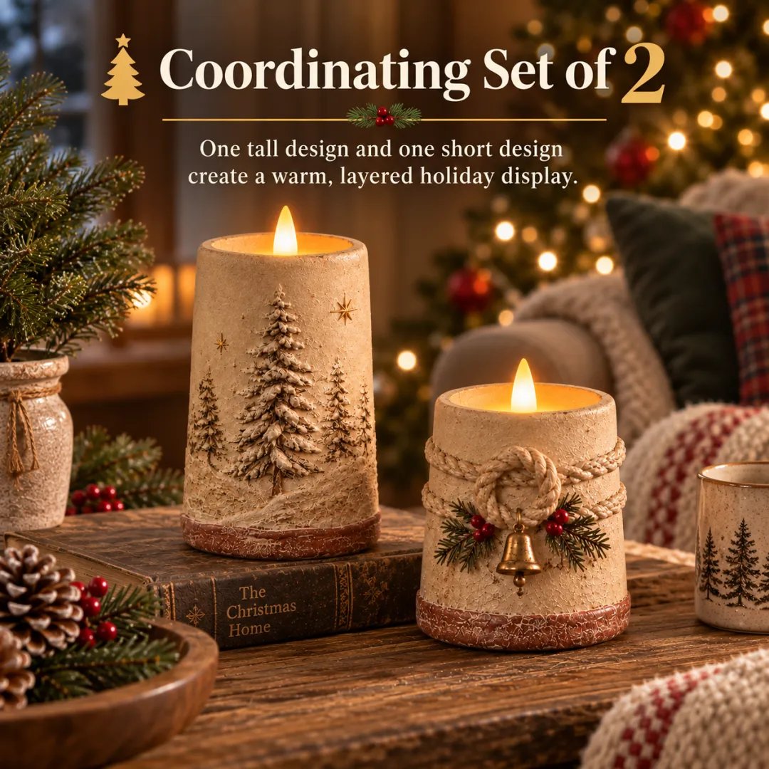 Rustic Christmas flameless LED candle decor set of two