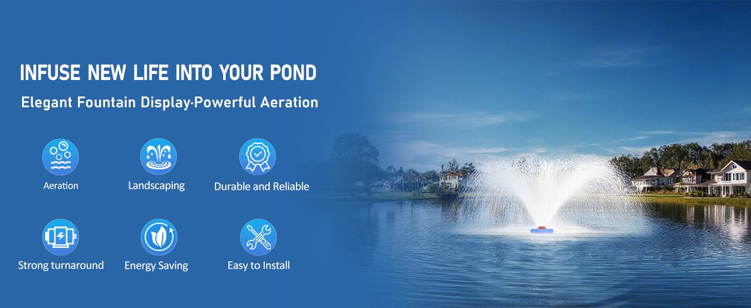 Pond Fountain Aerator 1HP 110V 750W 15000 GPH Floating Fountain Pump with 100 FT Power Cord 2 x 100 FT Rope Timer Fully Automatic Powerful Aerating Fountain for Larger Ponds, Lakes Pond Fountain Aerator 1HP 110V 750W 15000 GPH Floating Fountain Pump with 100 FT Power Cord 2 x 100 FT Rope Timer Fully Automatic Powerful Aerating Fountain for Larger Ponds, Lakes
