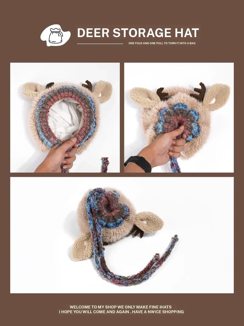 Original design Festive Christmas Antler Hat (It can be used as a handbag，A hat has multiple uses.)Knitted Ear Protection Windproof Warm Hat Suitable for the family It can be worn by adults and children, without limiting the circumference of the head