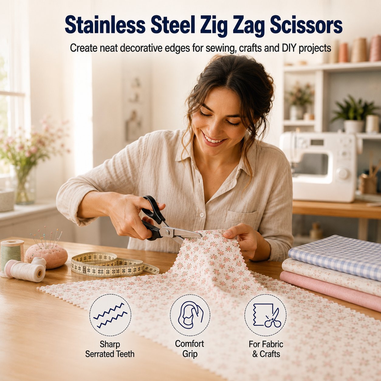 Woman using stainless steel zig zag scissors for sewing and fabric crafts