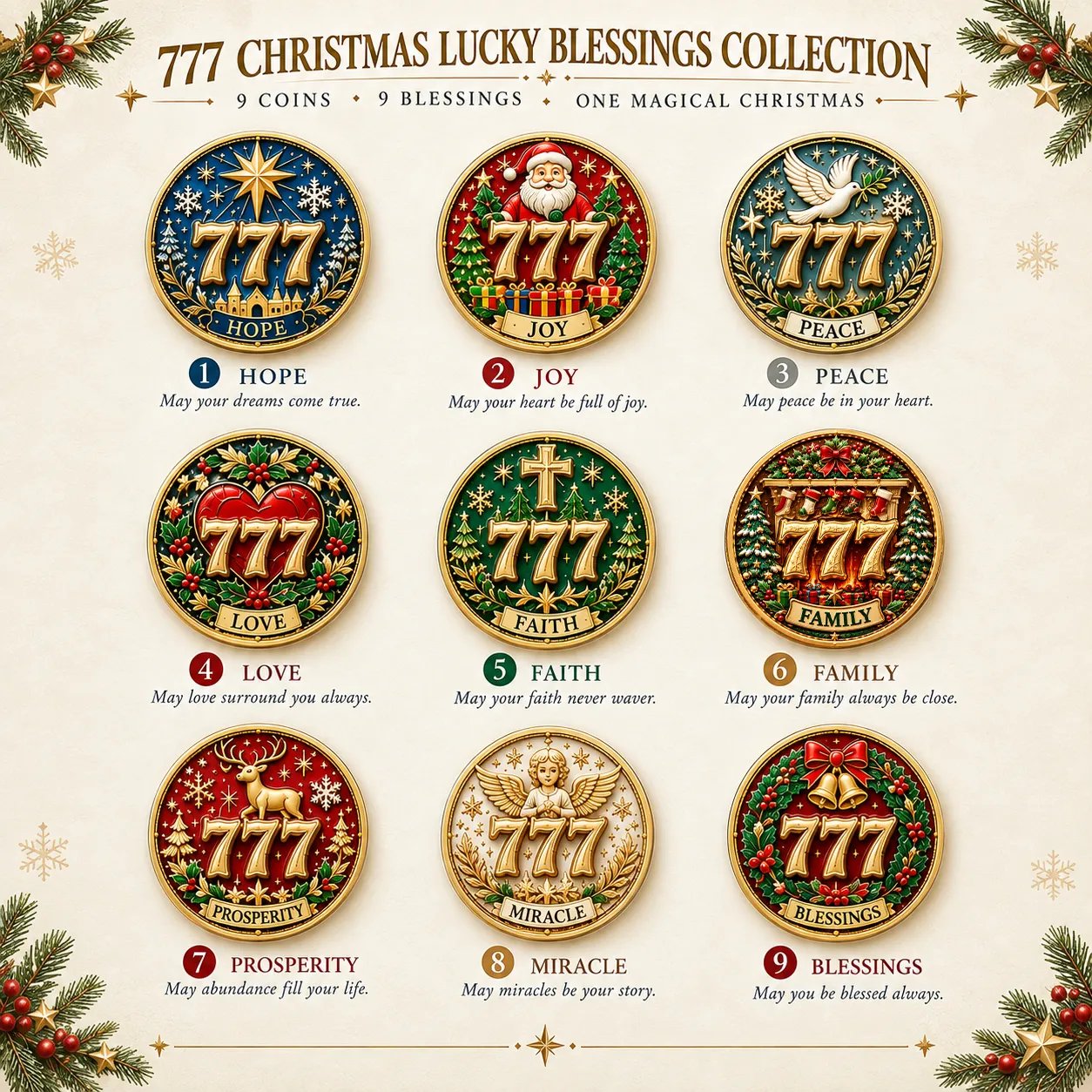 All nine Christmas coin designs and blessing names