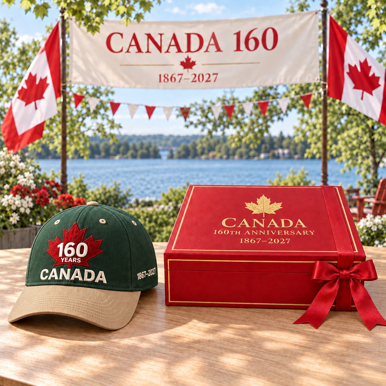 Forest green and khaki anniversary cap with the closed red and gold gift box