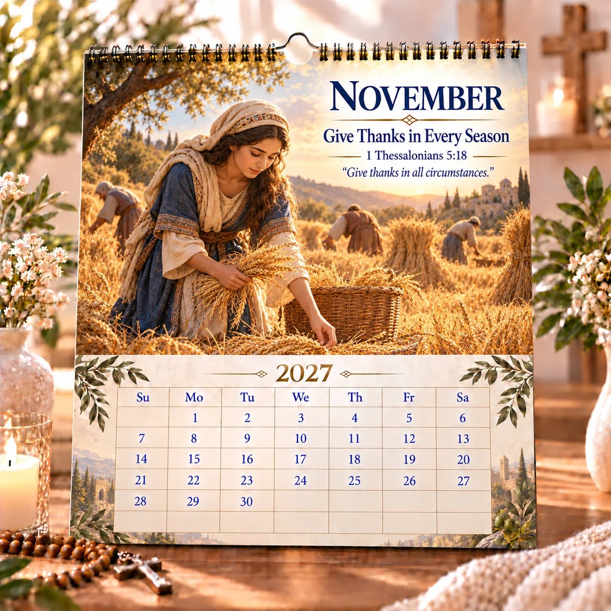 November 2027 calendar page — Give Thanks in Every Season