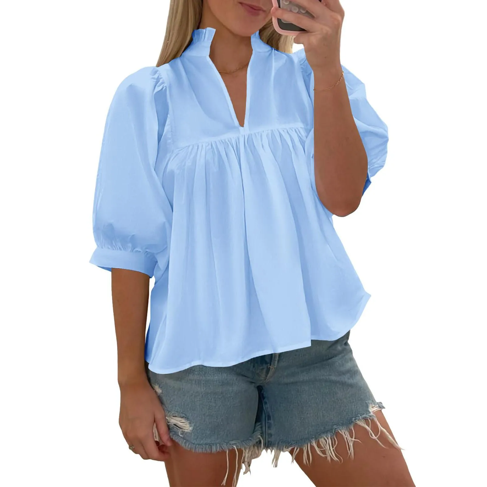 Womens V Neck Puff Sleeve Blouse Babydoll Peplum Tops Dressy Casual ...