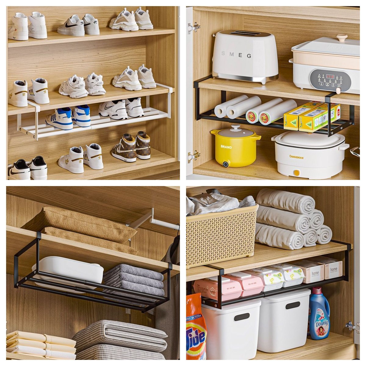 Retractable hanging organizer used under a shelf