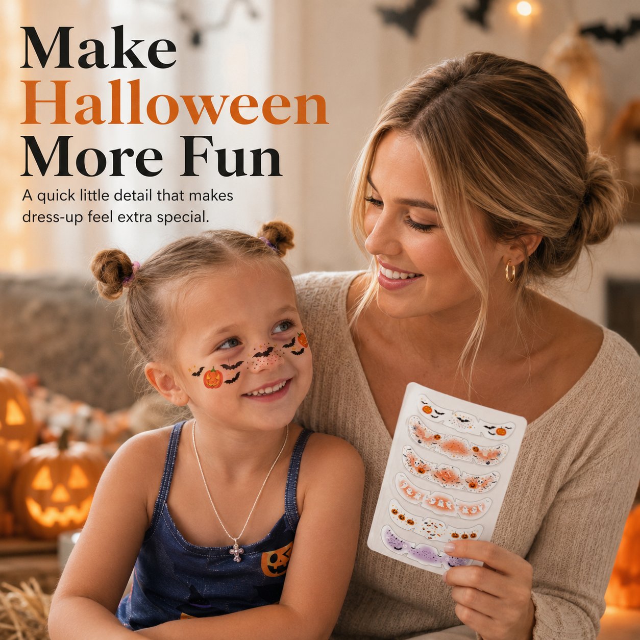 Parent and child enjoying Halloween dress-up with temporary face tattoo designs