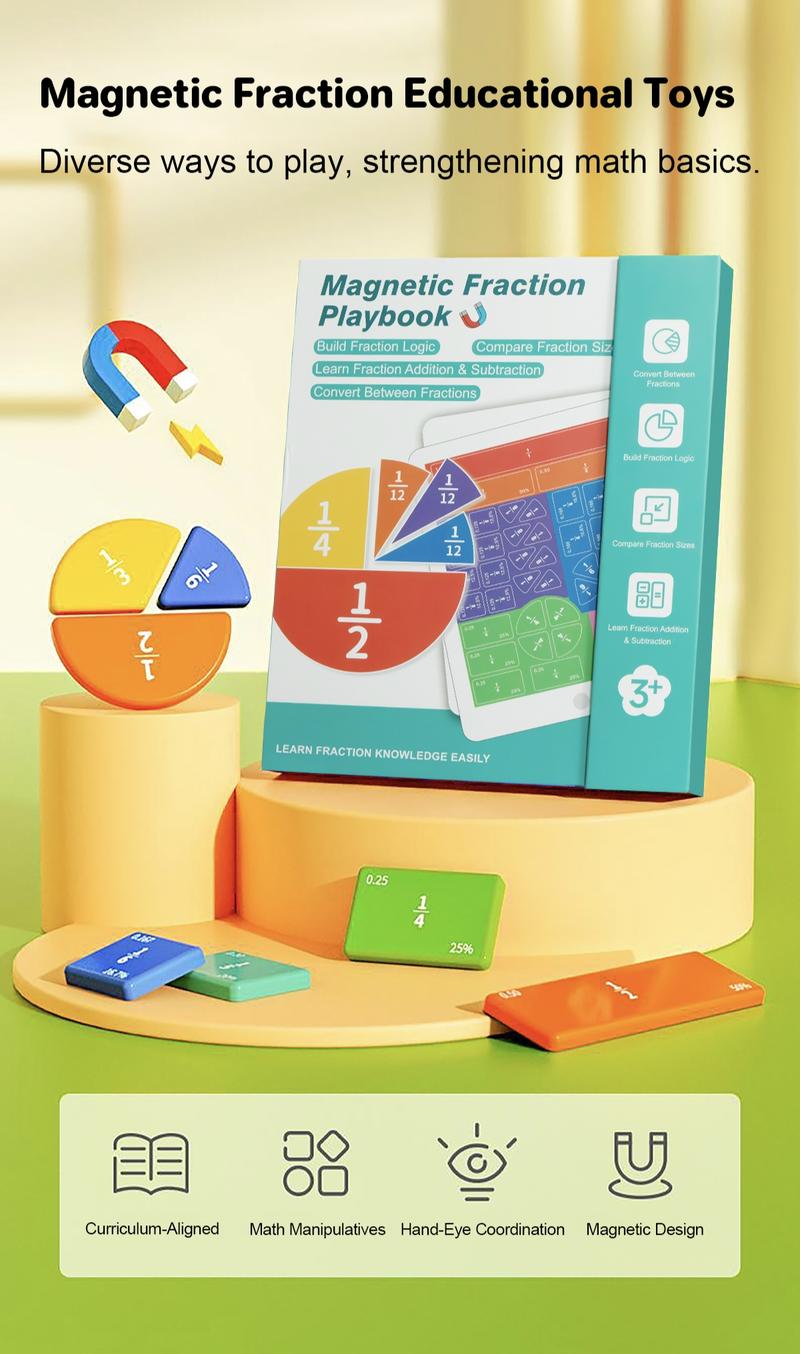Livro de Demonstração de Frações Magnético – Material de Manipulação Matemática Visual com Peças e Círculos, Brinquedo Educativo para Crianças, Material de Ensino Doméstico no Estilo Montessori e Auxílio Interativo para Ensino de Matemática na Educação Infantil